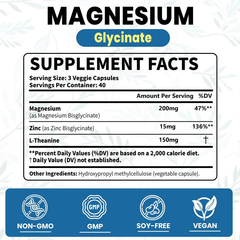 AROFUM Magnesium Glycine 200 mg, with L-theanine and Zinc Glycine – Magnesium Supplement to Help Soothe Emotions, Balance Stress, and Promote restful Sleep – Non-GMO Vegan Capsules, 120 Capsules - TrustMedUSA