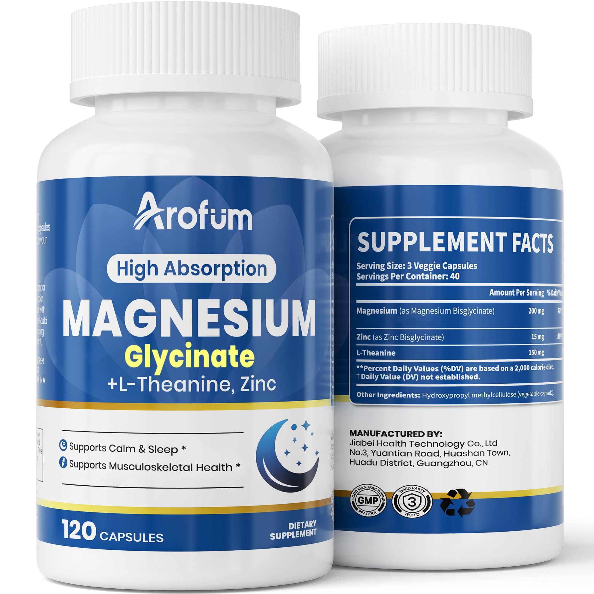 AROFUM Magnesium Glycine 200 mg, with L-theanine and Zinc Glycine – Magnesium Supplement to Help Soothe Emotions, Balance Stress, and Promote restful Sleep – Non-GMO Vegan Capsules, 120 Capsules - TrustMedUSA