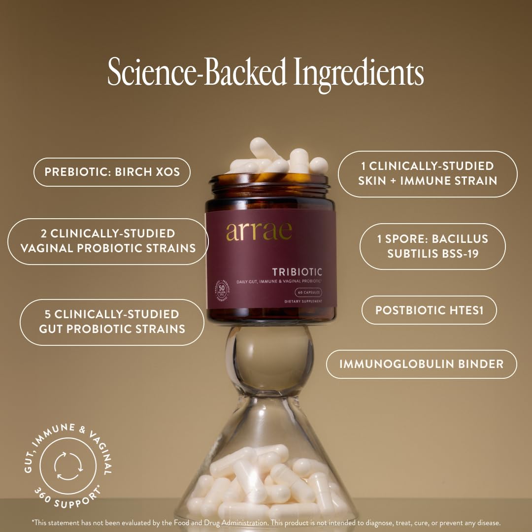 Arrae Tribiotic, Probiotics for Women, Support for Vaginal pH Balance, Gut, Immune, and Feminine Health, Prebiotics, Probiotics, Postbiotics, 60 Count - Maple Wellness Supplements