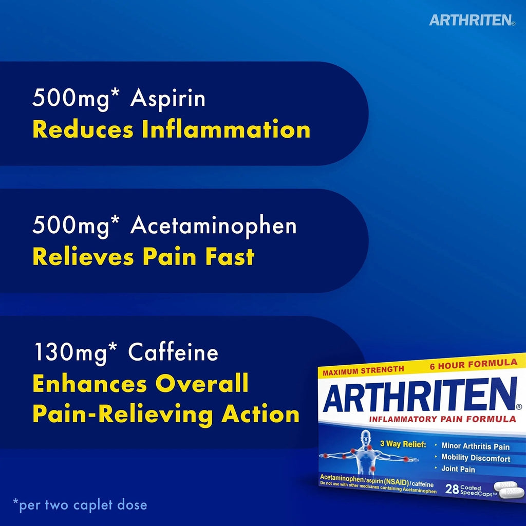 Arthriten Inflammatory Pain Formula Caplets with 3 Active Ingredients: Aspirin, Acetaminophen & Caffeine, White, 28 Count (Pack of 1) - TrustMedUSA