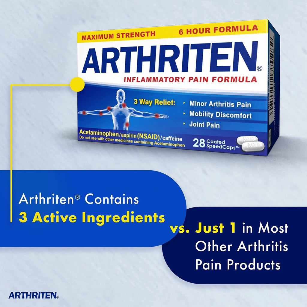 Arthriten Inflammatory Pain Formula Caplets with 3 Active Ingredients: Aspirin, Acetaminophen & Caffeine, White, 28 Count (Pack of 1) - TrustMedUSA