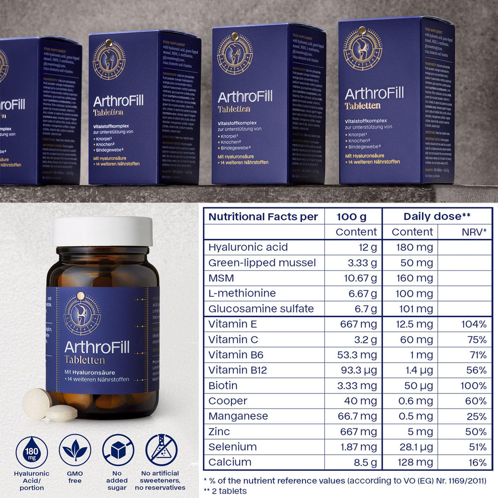 ArthroFill™ Tablets - Proven European Joint Relief - Vegan Hyaluronic Acid - Nutrient Complex - Support Active Movement Functions with 15 Vital Micronutrients - Made in Germany - TrustMedUSA