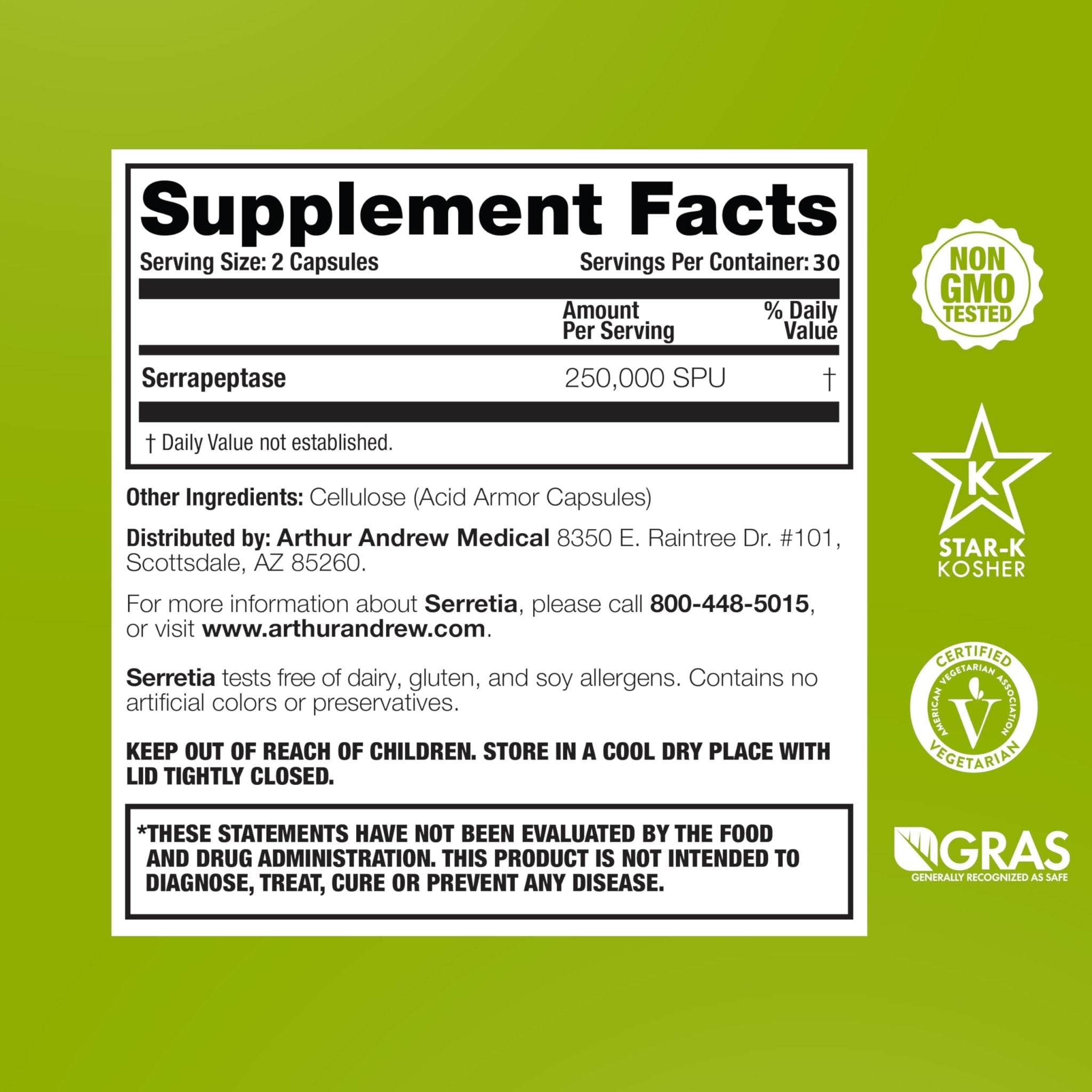Arthur Andrew Medical, Serretia, Serrapeptase Formula for Muscle and Sinus Support, 60 Capsules - TrustMedUSA