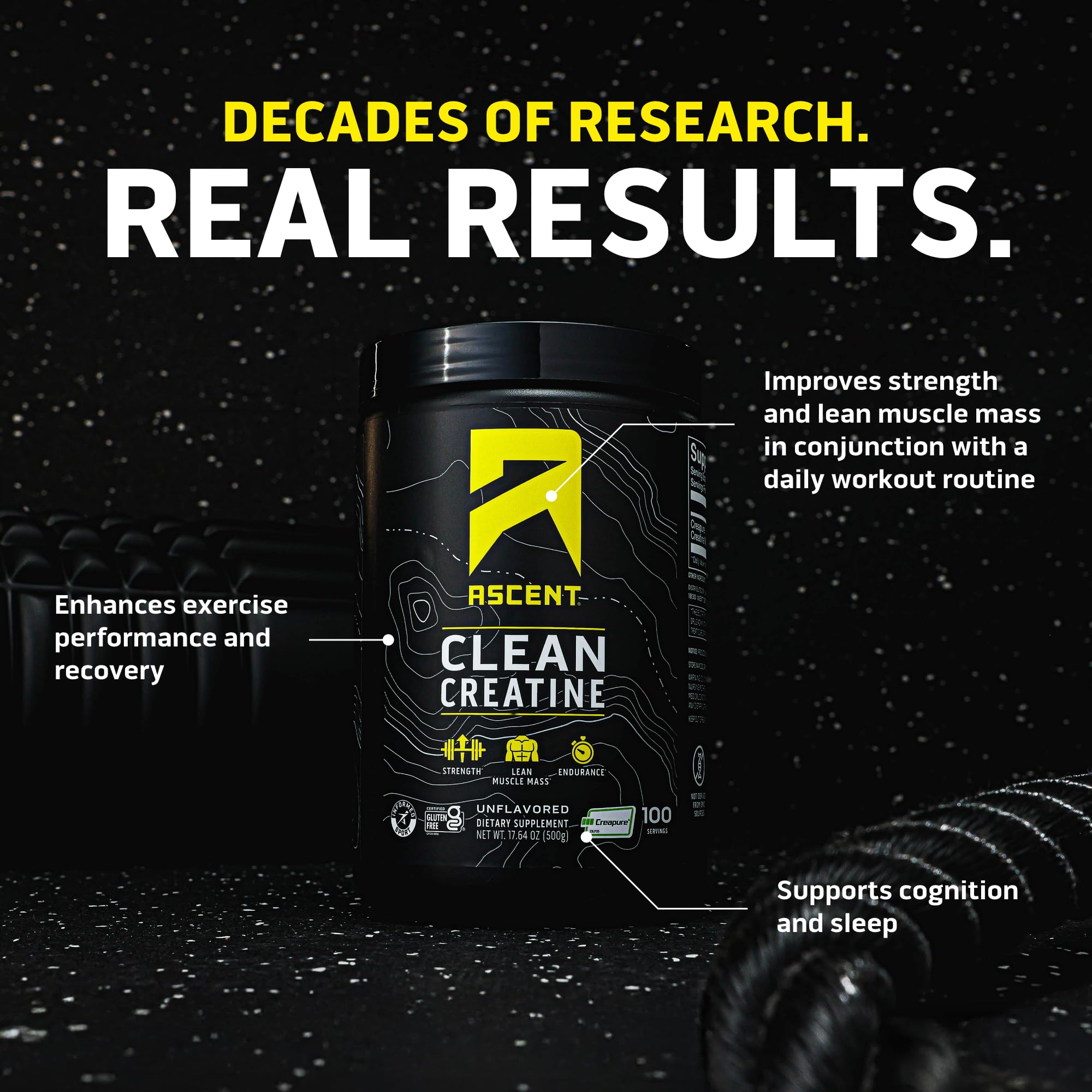 Ascent Clean Creatine Monohydrate Powder - 5G Per Serving, Creapure Creatine Supplement - Unflavored, 100 Servings - Maple Wellness Supplements