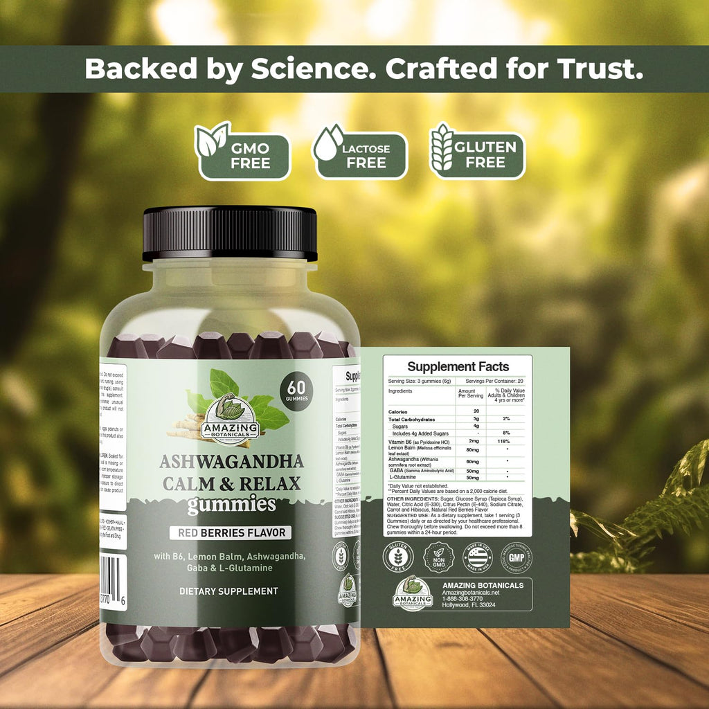 Ashwagandha Calm & Relax Gummies with Vitamin B6, Lemon Balm, GABA & L-Glutamine – 60 Gummies – Red Berries Flavor – Improve Sleep, Stress Relief & Mood – Vegan, Gluten-Free, Non-GMO - TrustMedUSA