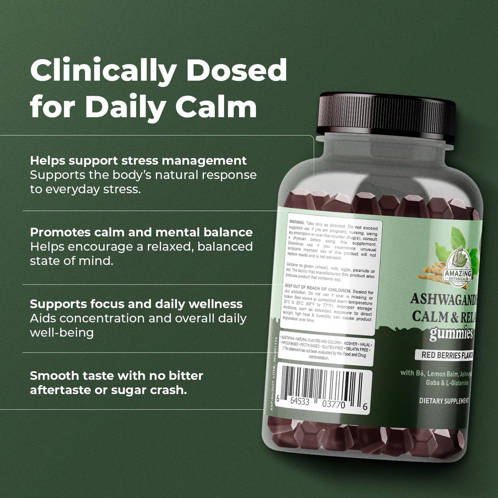 Ashwagandha Calm & Relax Gummies with Vitamin B6, Lemon Balm, GABA & L-Glutamine – 60 Gummies – Red Berries Flavor – Improve Sleep, Stress Relief & Mood – Vegan, Gluten-Free, Non-GMO - TrustMedUSA