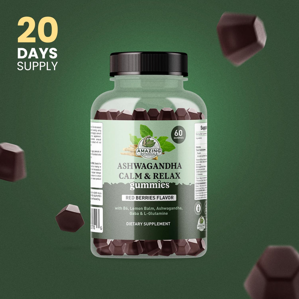 Ashwagandha Calm & Relax Gummies with Vitamin B6, Lemon Balm, GABA & L-Glutamine – 60 Gummies – Red Berries Flavor – Improve Sleep, Stress Relief & Mood – Vegan, Gluten-Free, Non-GMO - TrustMedUSA