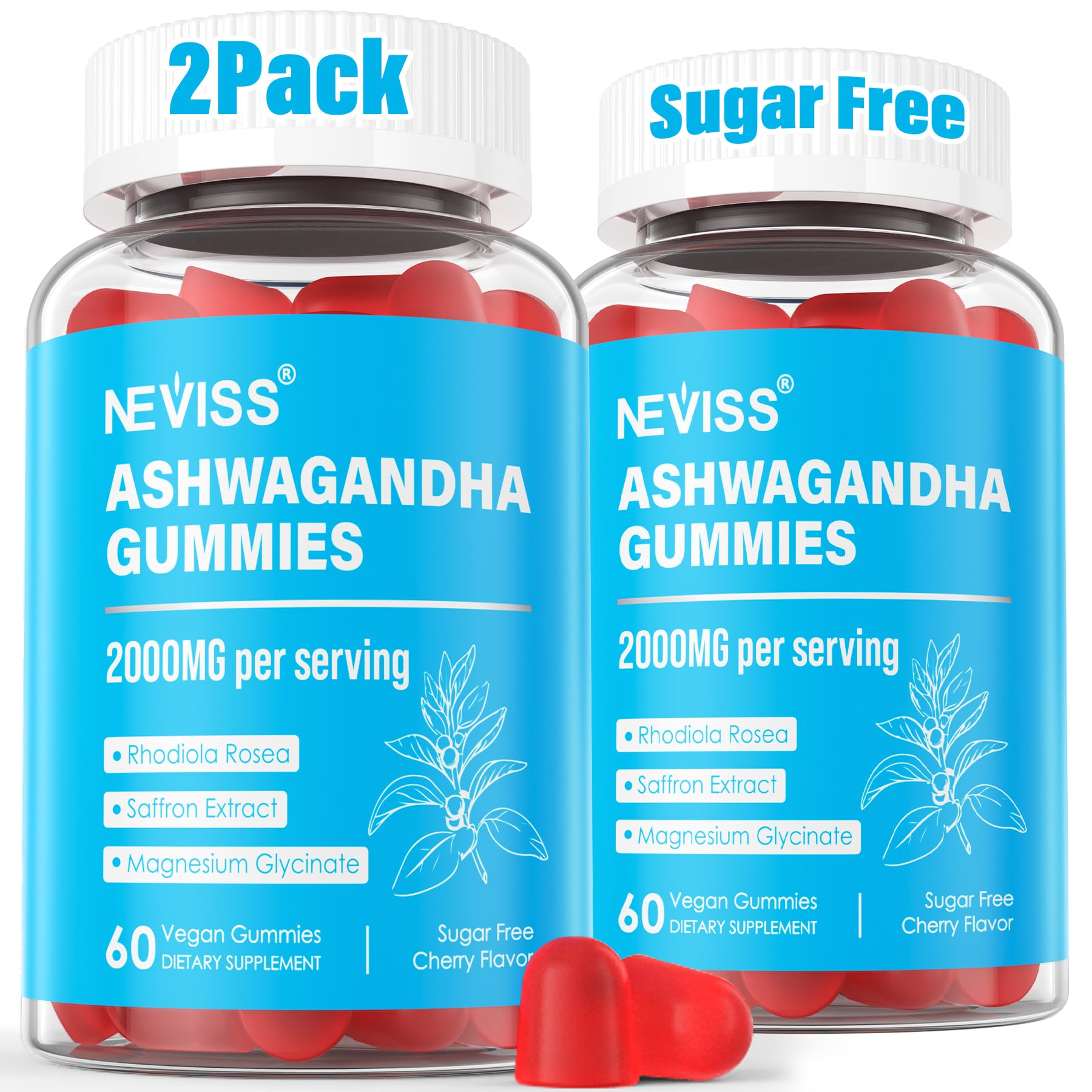 Ashwagandha Gummies, Magnesium Glycinate Gummies 2000mg for Adults, Vitamin B6, Zinc, Rhodiola Rosea, Lemon Balm, Relaxation Support, Natural Zzz, Brain, Muscle, Stamina, Energy, Sugar Free - TrustMedUSA