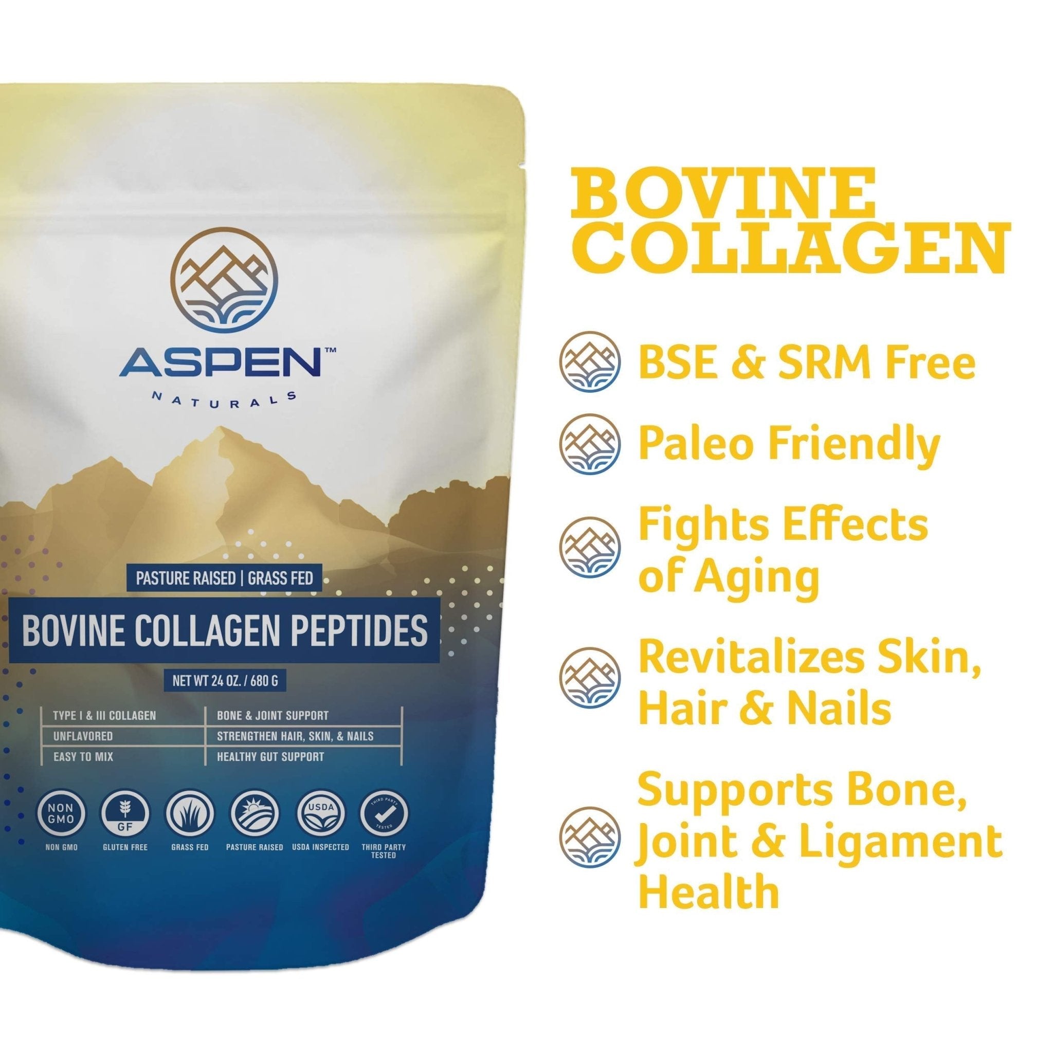 ASPEN NATURALS Grass fed Bovine Collagen Peptides Powder 3lb - Collagen for Women, USA Sourced from USDA Inspected Cattle, Gluten Free, Paleo Friendly, Water Soluble, Flavorless, Easily Mixes - Maple Wellness Supplements