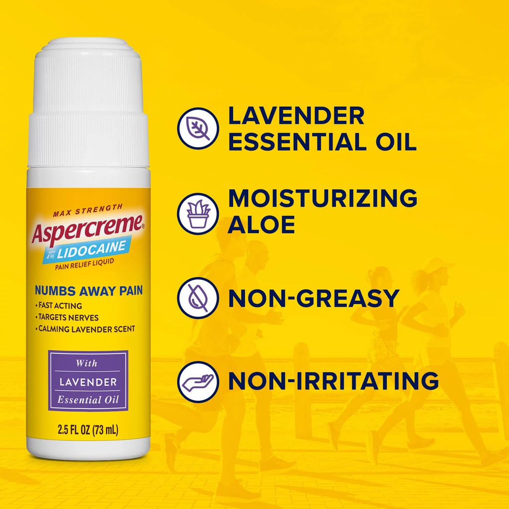 Aspercreme Essential Oils Lidocaine Pain Relief with No-Mess Roll-On Applicator, Max-Strength Lidocaine Numbs Away Nerve Pain, Moisturizing Aloe Hydrates Skin, Lavender, 2.5 Oz., 2pk - TrustMedUSA