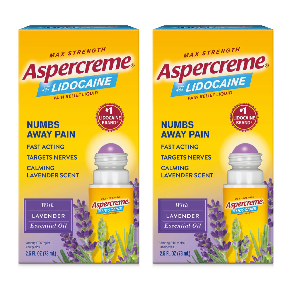 Aspercreme Essential Oils Lidocaine Pain Relief with No-Mess Roll-On Applicator, Max-Strength Lidocaine Numbs Away Nerve Pain, Moisturizing Aloe Hydrates Skin, Lavender, 2.5 Oz., 2pk - TrustMedUSA