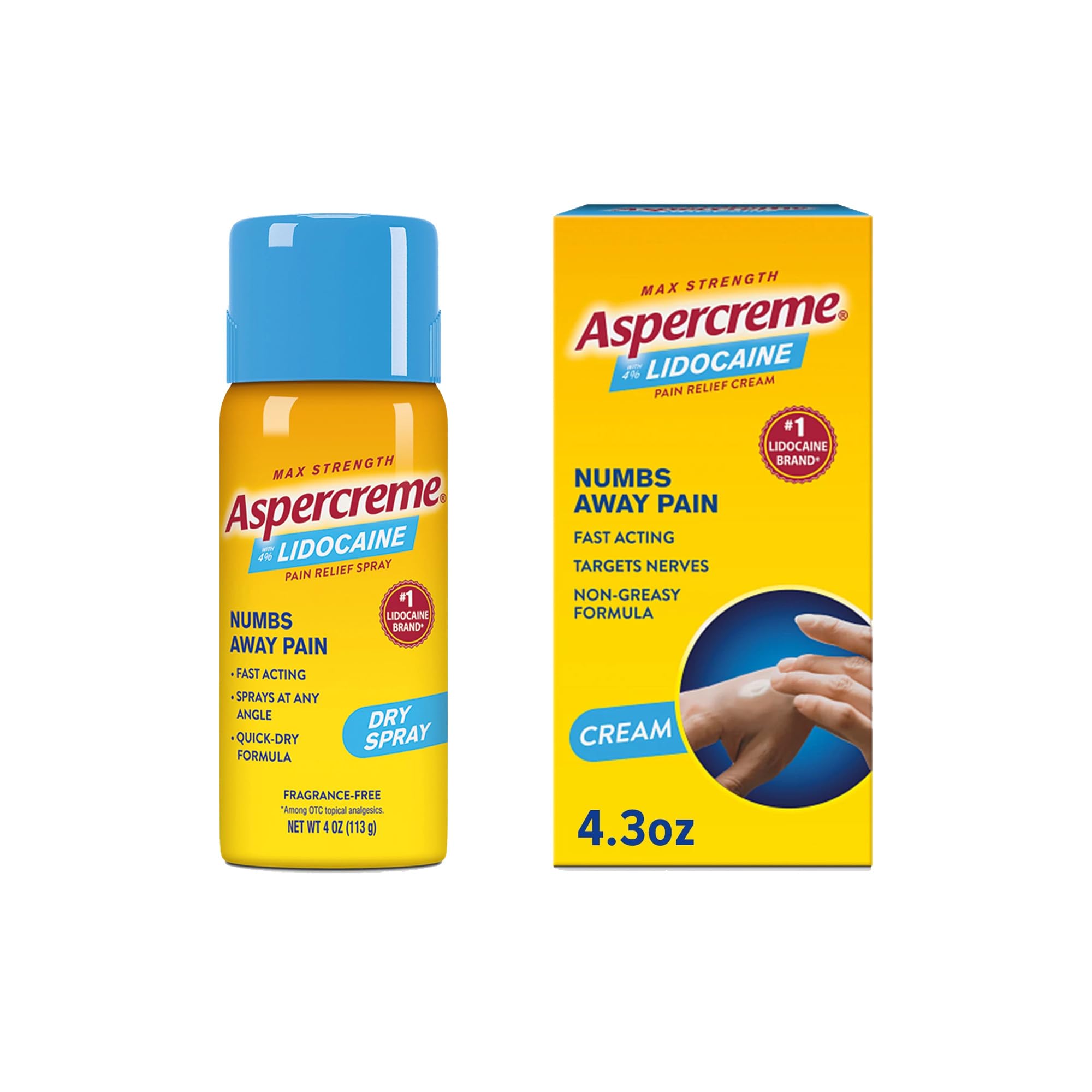 Aspercreme Max Strength Lidocaine Pain Relief Dry Spray 4 oz. Odor Free with Lidocaine Maximum Strength Pain Relief Cream, 4.3 Oz - TrustMedUSA
