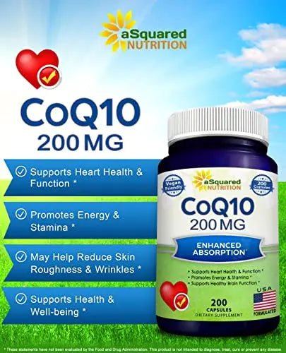 aSquared Nutrition CoQ10 (200 Capsules and 200mg) - High Absorption Vegan CO Q-10 - TrustMedUSA