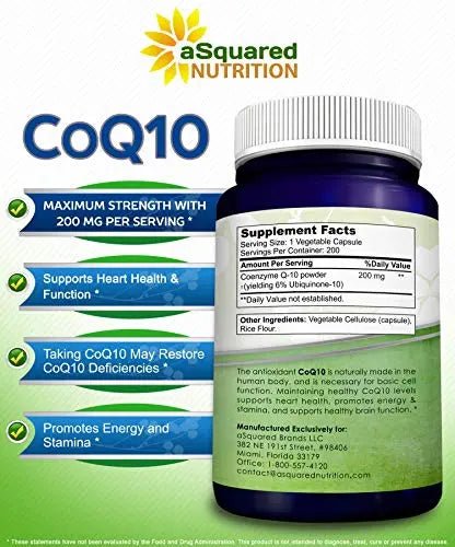 aSquared Nutrition CoQ10 (200 Capsules and 200mg) - High Absorption Vegan CO Q-10 - TrustMedUSA