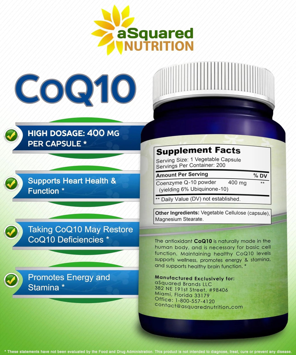aSquared Nutrition CoQ10 (400mg Max Strength, 200 Capsules) - High Absorption Vegan Coenzyme Q10 Powder - Ubiquinone Supplement Pills, Extra Antioxidant CO Q-10 - TrustMedUSA