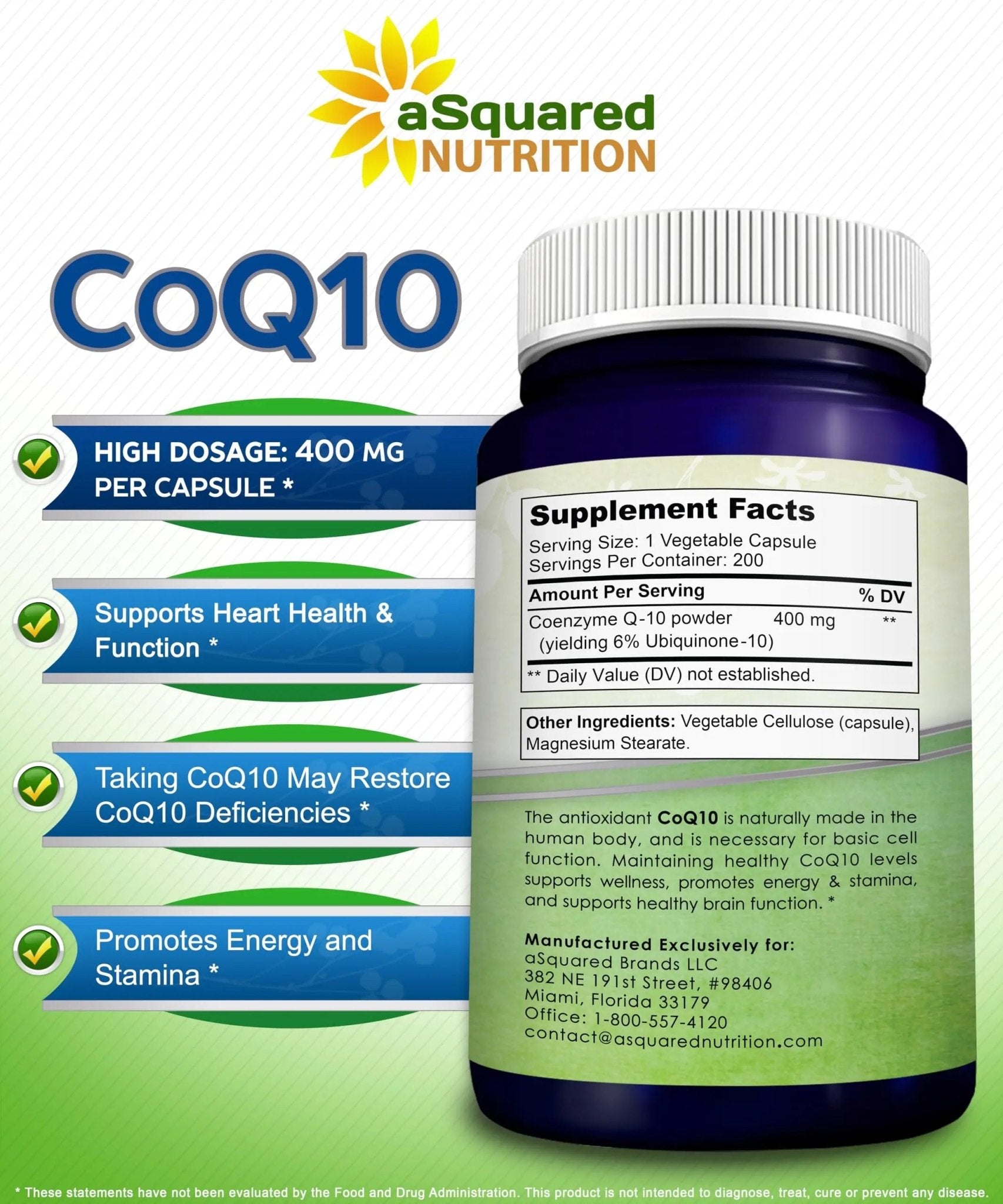 aSquared Nutrition CoQ10 (400mg Max Strength, 200 Capsules) - High Absorption Vegan Coenzyme Q10 Powder - Ubiquinone Supplement Pills, Extra Antioxidant CO Q-10 - TrustMedUSA