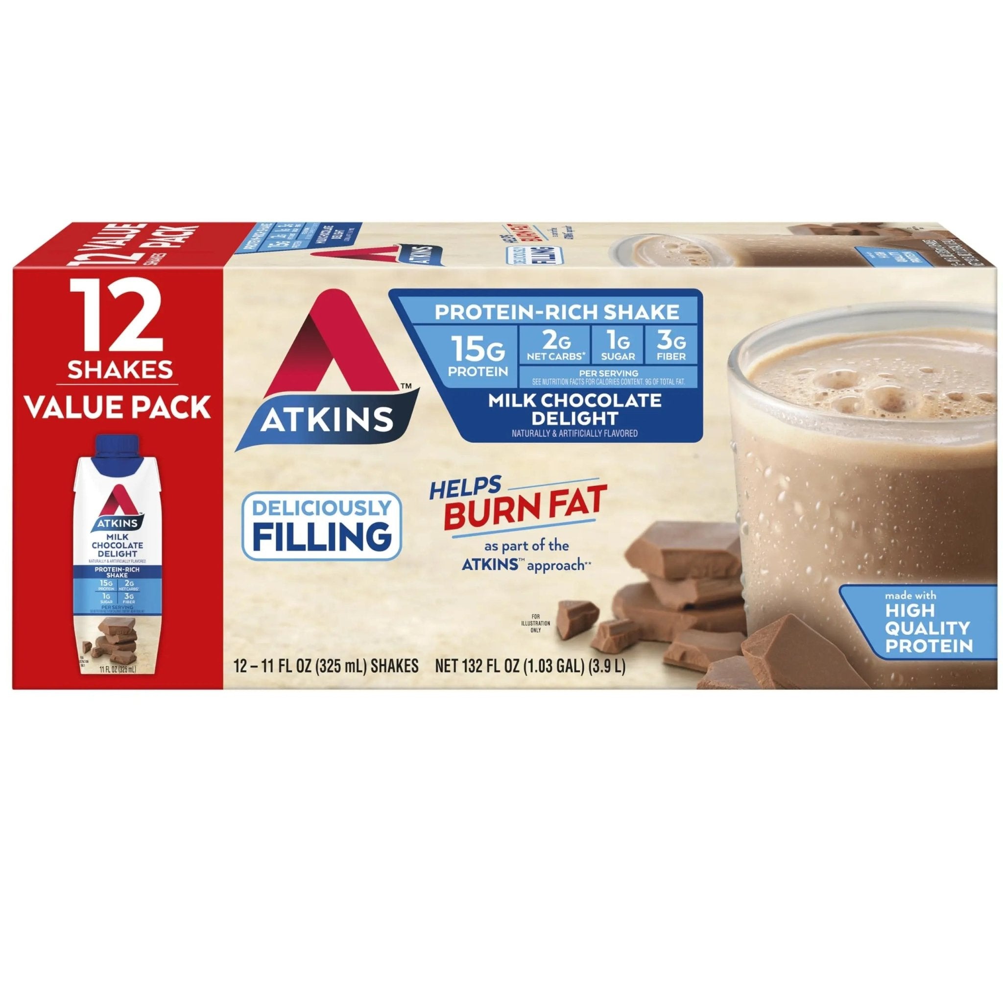 Atkins Milk Chocolate Delight Protein Shake, 15g Protein, Low Glycemic, 2g Net Carb - TrustMedUSA