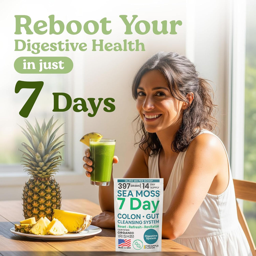 Atlantic Naturals Sea Moss 7-Colon Cleanse Powder | Formulated with Psyllium Husk, Fiber, & Senna Powder | Supports Immune & Gut Health for Women & Men, Pineapple Flavor Drink Mix, 14 oz - TrustMedUSA