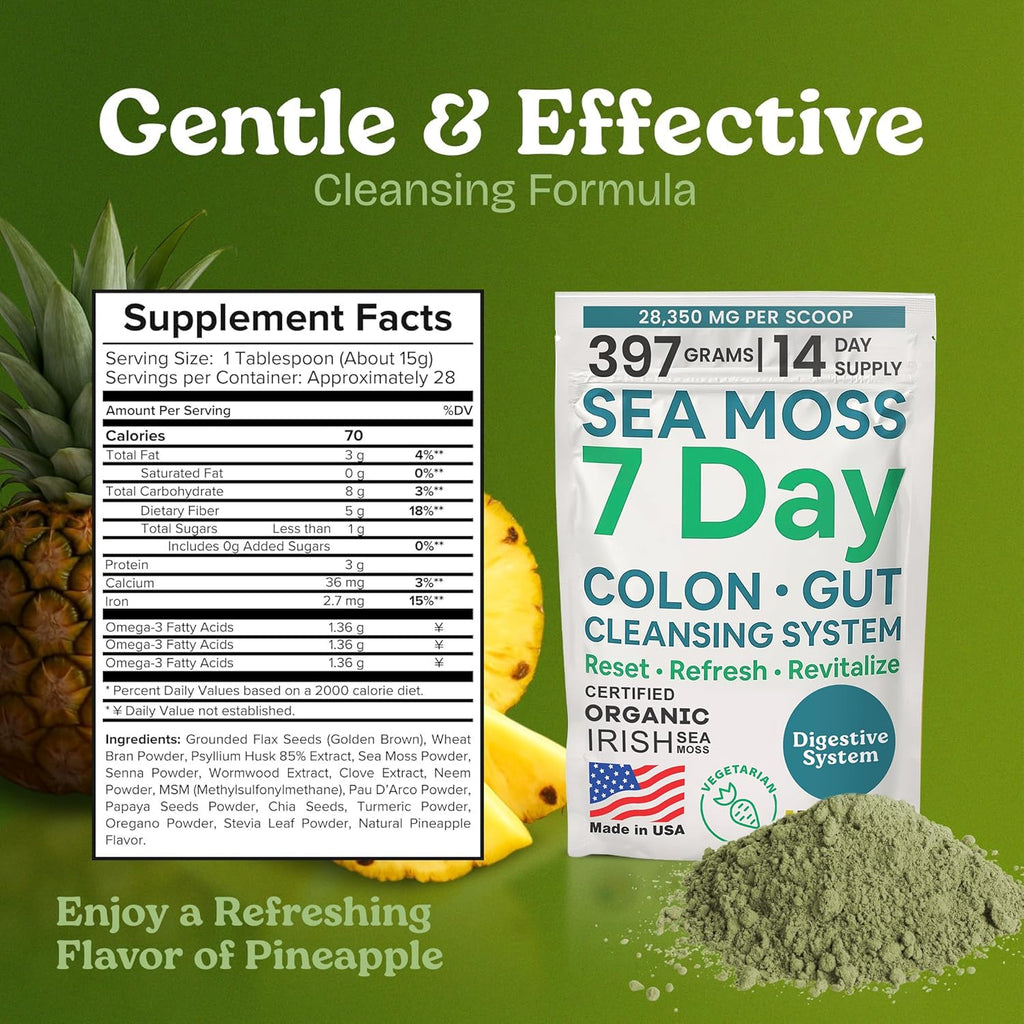 Atlantic Naturals Sea Moss 7-Colon Cleanse Powder | Formulated with Psyllium Husk, Fiber, & Senna Powder | Supports Immune & Gut Health for Women & Men, Pineapple Flavor Drink Mix, 14 oz - TrustMedUSA