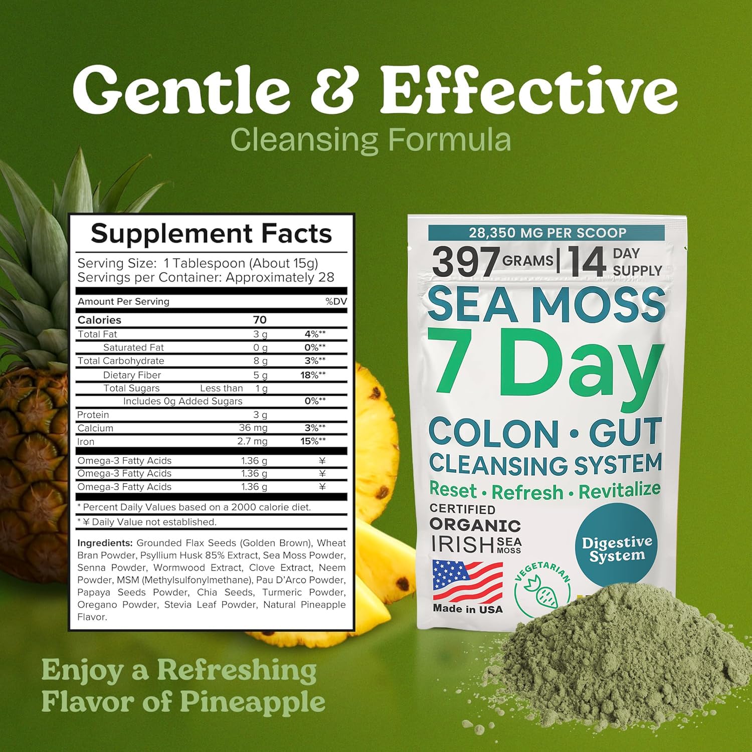 Atlantic Naturals Sea Moss 7-Colon Cleanse Powder | Formulated with Psyllium Husk, Fiber, & Senna Powder | Supports Immune & Gut Health for Women & Men, Pineapple Flavor Drink Mix, 14 oz - TrustMedUSA