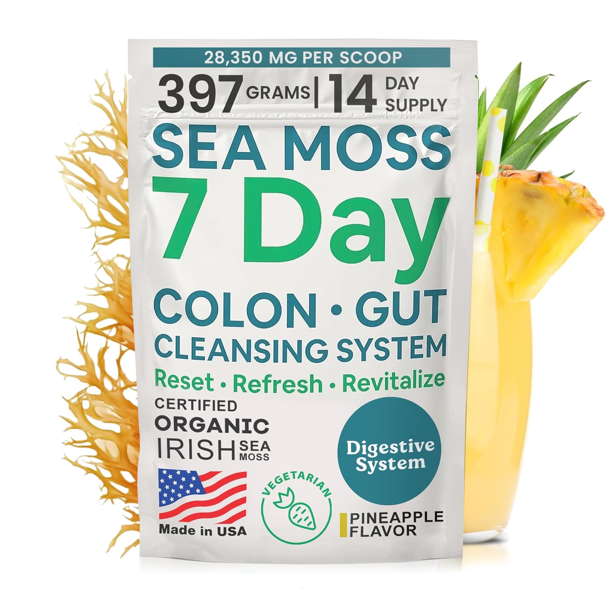 Atlantic Naturals Sea Moss 7-Colon Cleanse Powder | Formulated with Psyllium Husk, Fiber, & Senna Powder | Supports Immune & Gut Health for Women & Men, Pineapple Flavor Drink Mix, 14 oz - TrustMedUSA