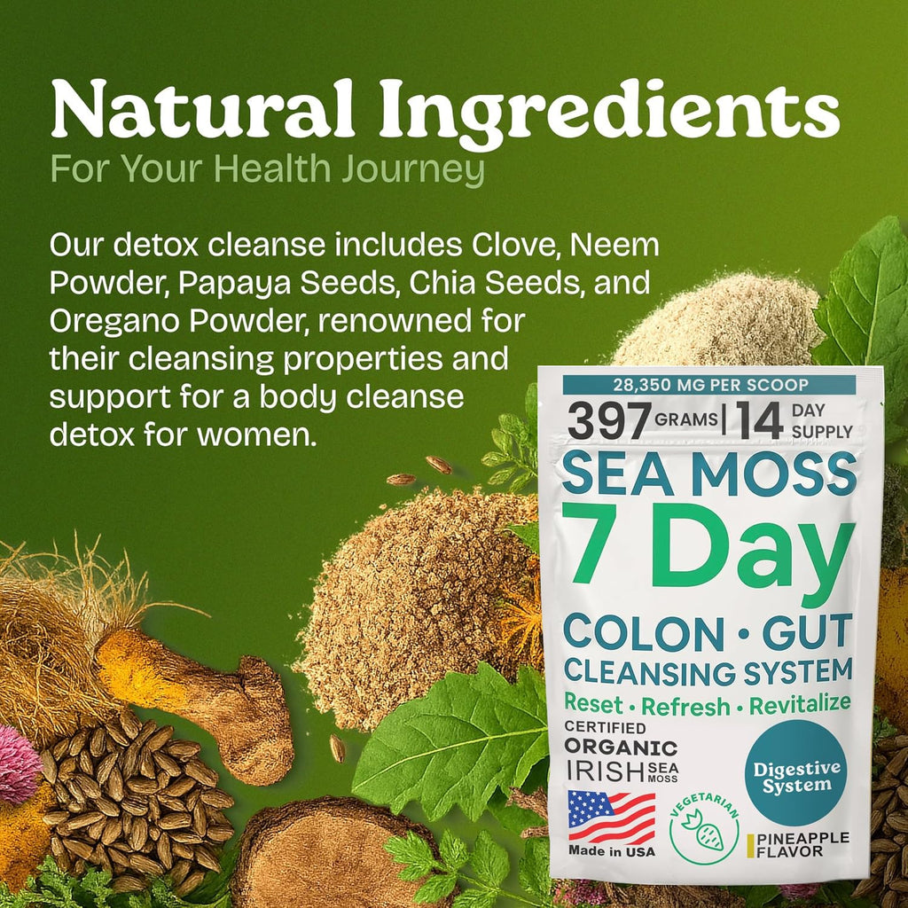 Atlantic Naturals Sea Moss 7-Colon Cleanse Powder | Formulated with Psyllium Husk, Fiber, & Senna Powder | Supports Immune & Gut Health for Women & Men, Pineapple Flavor Drink Mix, 14 oz - TrustMedUSA
