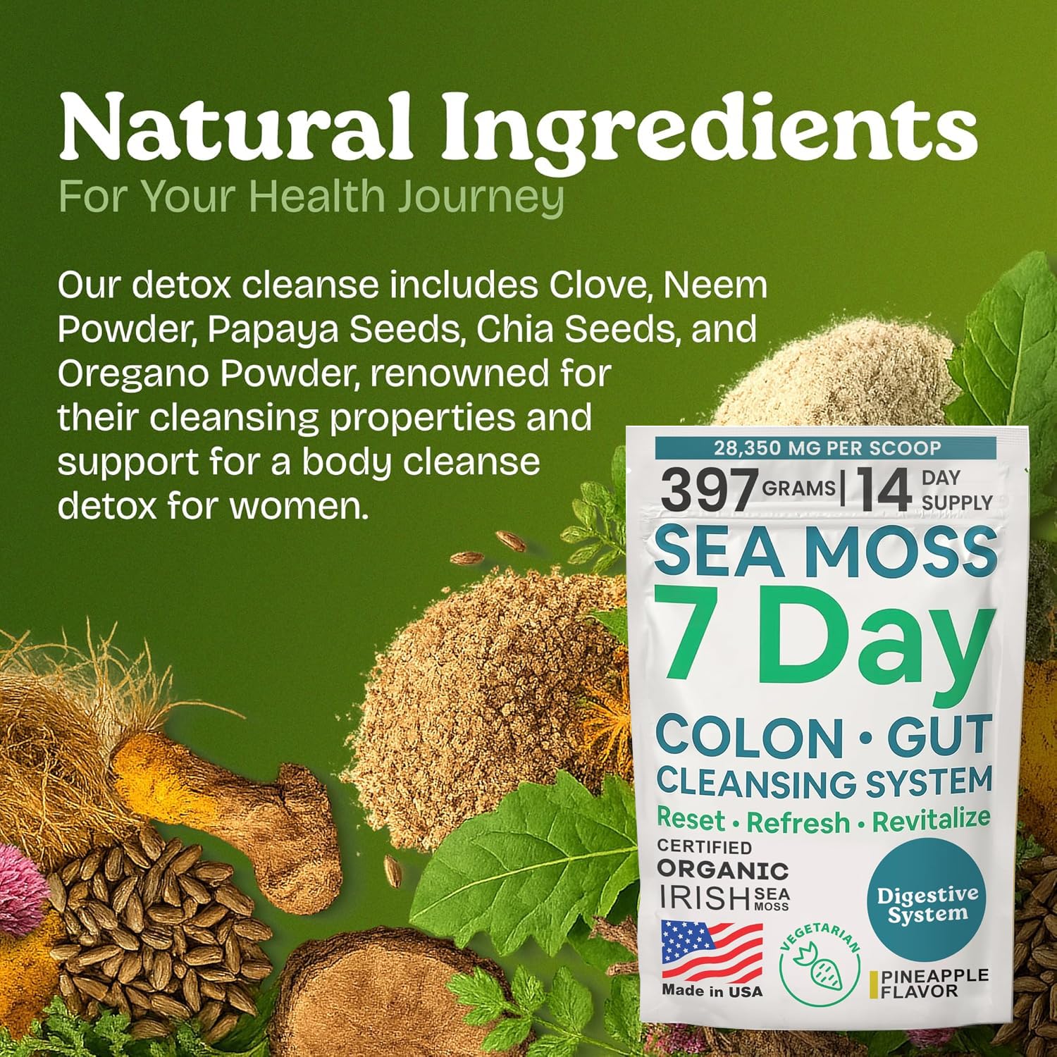 Atlantic Naturals Sea Moss 7-Colon Cleanse Powder | Formulated with Psyllium Husk, Fiber, & Senna Powder | Supports Immune & Gut Health for Women & Men, Pineapple Flavor Drink Mix, 14 oz - TrustMedUSA