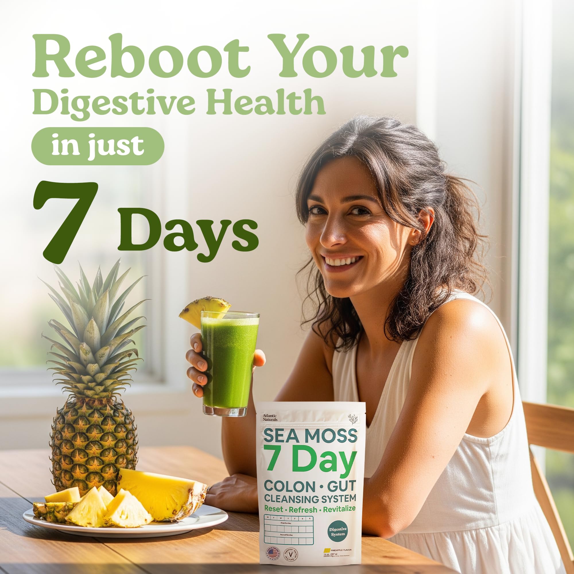 Atlantic Naturals Sea Moss 7-Colon Cleanse Powder | Formulated with Psyllium Husk, Fiber, & Senna Powder | Supports Immune & Gut Health for Women & Men, Pineapple Flavor Drink Mix, 14 oz - TrustMedUSA