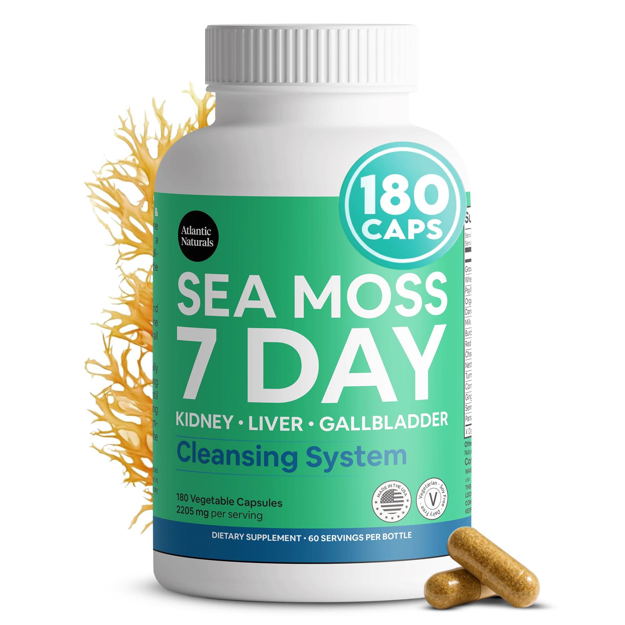 Atlantic Naturals Sea Moss Capsules – 7 Day Herbal Blend for Liver & Gallbladder Wellness – with Dandelion Root, Milk Thistle, Burdock Root, Red Clover & Chanca Piedra – 180 Count Sea Moss Capsules - TrustMedUSA