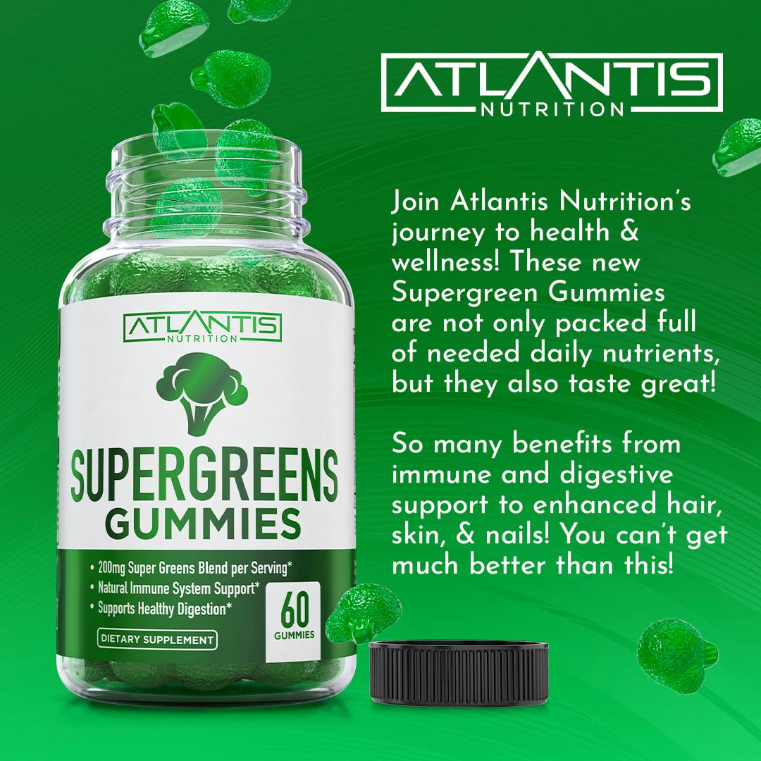 Atlantis Nutrition Supergreens Gummies - Daily Green Superfoods Supplement with Spinach, Broccoli, Moringa, Beet Root, Celery, Green Tea, & Acai for Immunity Support - Natural Raspberry Flavor, 60 cnt - TrustMedUSA