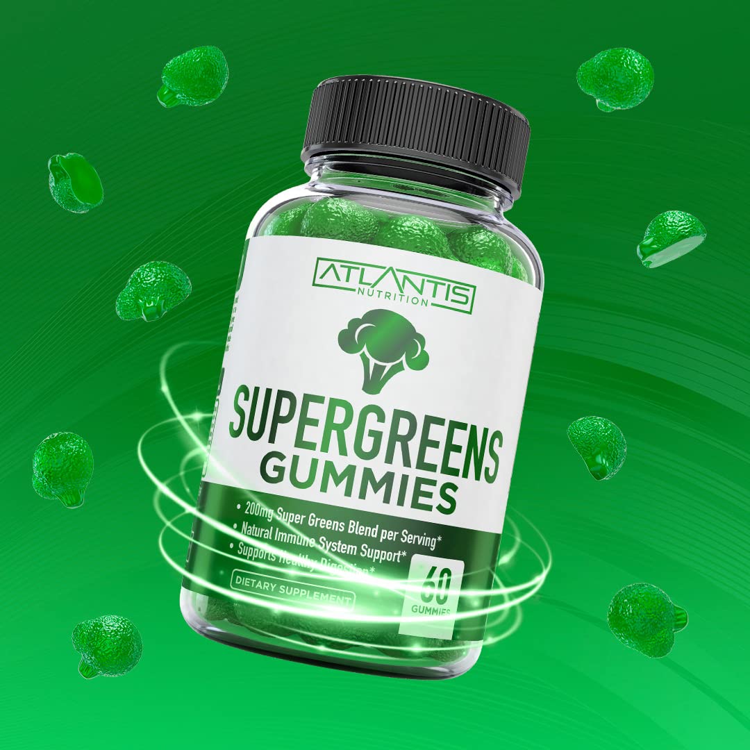 Atlantis Nutrition Supergreens Gummies - Daily Green Superfoods Supplement with Spinach, Broccoli, Moringa, Beet Root, Celery, Green Tea, & Acai for Immunity Support - Natural Raspberry Flavor, 60 cnt - TrustMedUSA