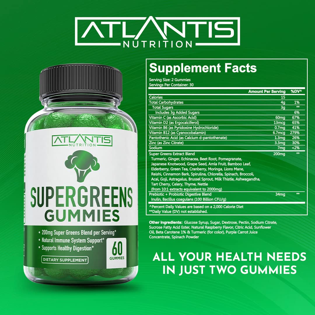 Atlantis Nutrition Supergreens Gummies - Daily Green Superfoods Supplement with Spinach, Broccoli, Moringa, Beet Root, Celery, Green Tea, & Acai for Immunity Support - Natural Raspberry Flavor, 60 cnt - TrustMedUSA