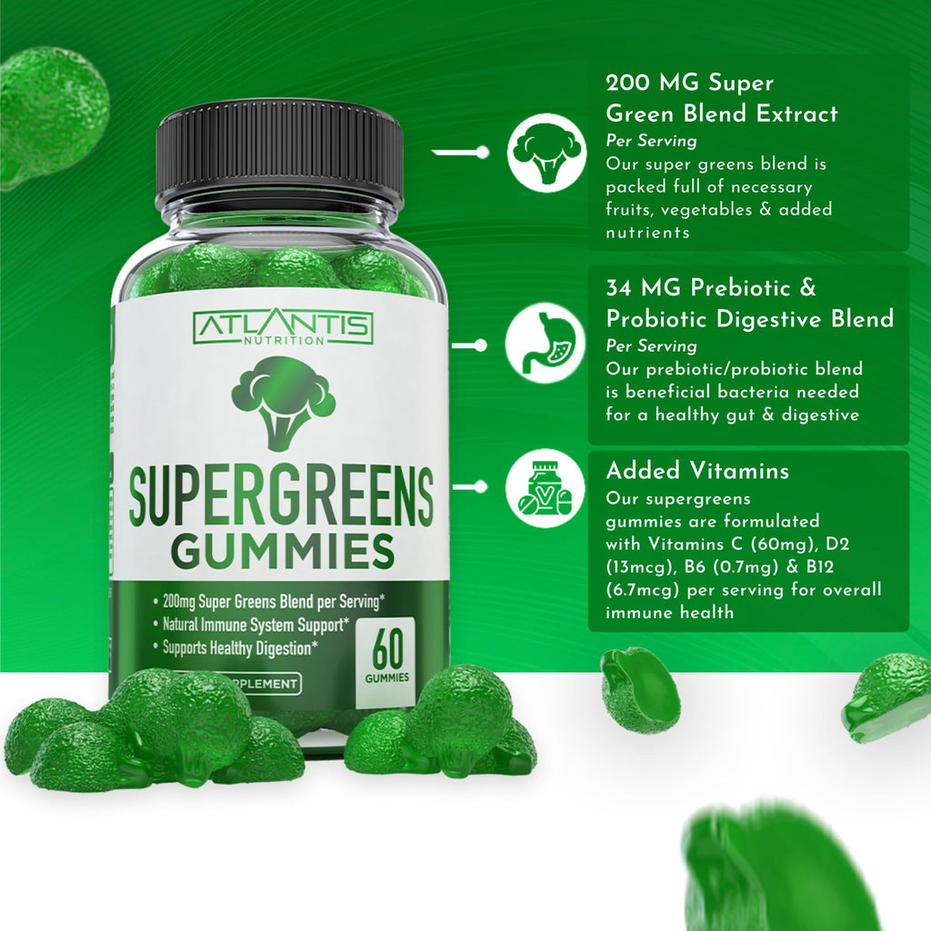 Atlantis Nutrition Supergreens Gummies - Daily Green Superfoods Supplement with Spinach, Broccoli, Moringa, Beet Root, Celery, Green Tea, & Acai for Immunity Support - Natural Raspberry Flavor, 60 cnt - TrustMedUSA