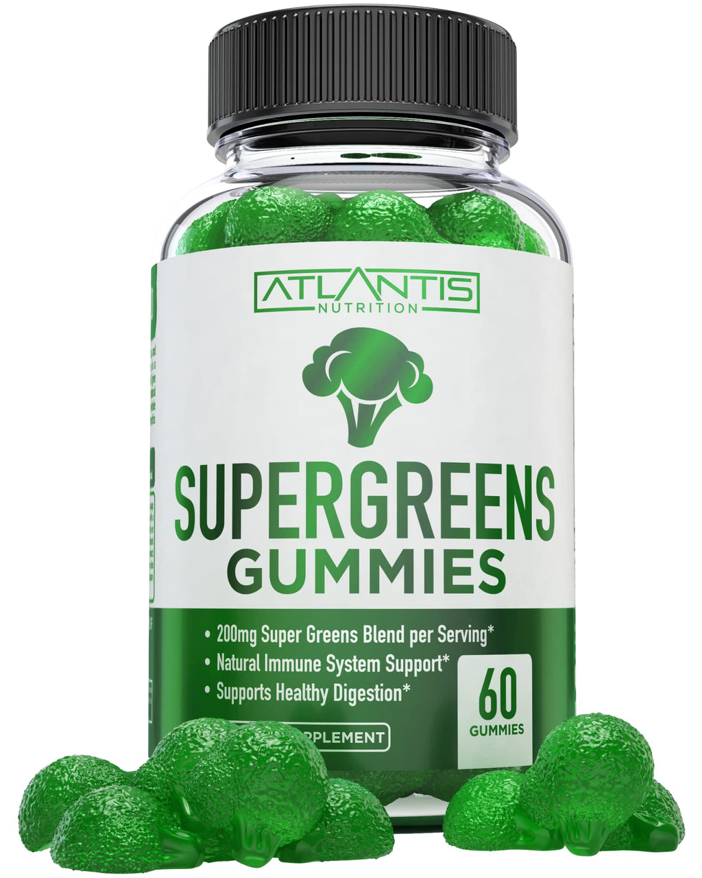 Atlantis Nutrition Supergreens Gummies - Daily Green Superfoods Supplement with Spinach, Broccoli, Moringa, Beet Root, Celery, Green Tea, & Acai for Immunity Support - Natural Raspberry Flavor, 60 cnt - TrustMedUSA
