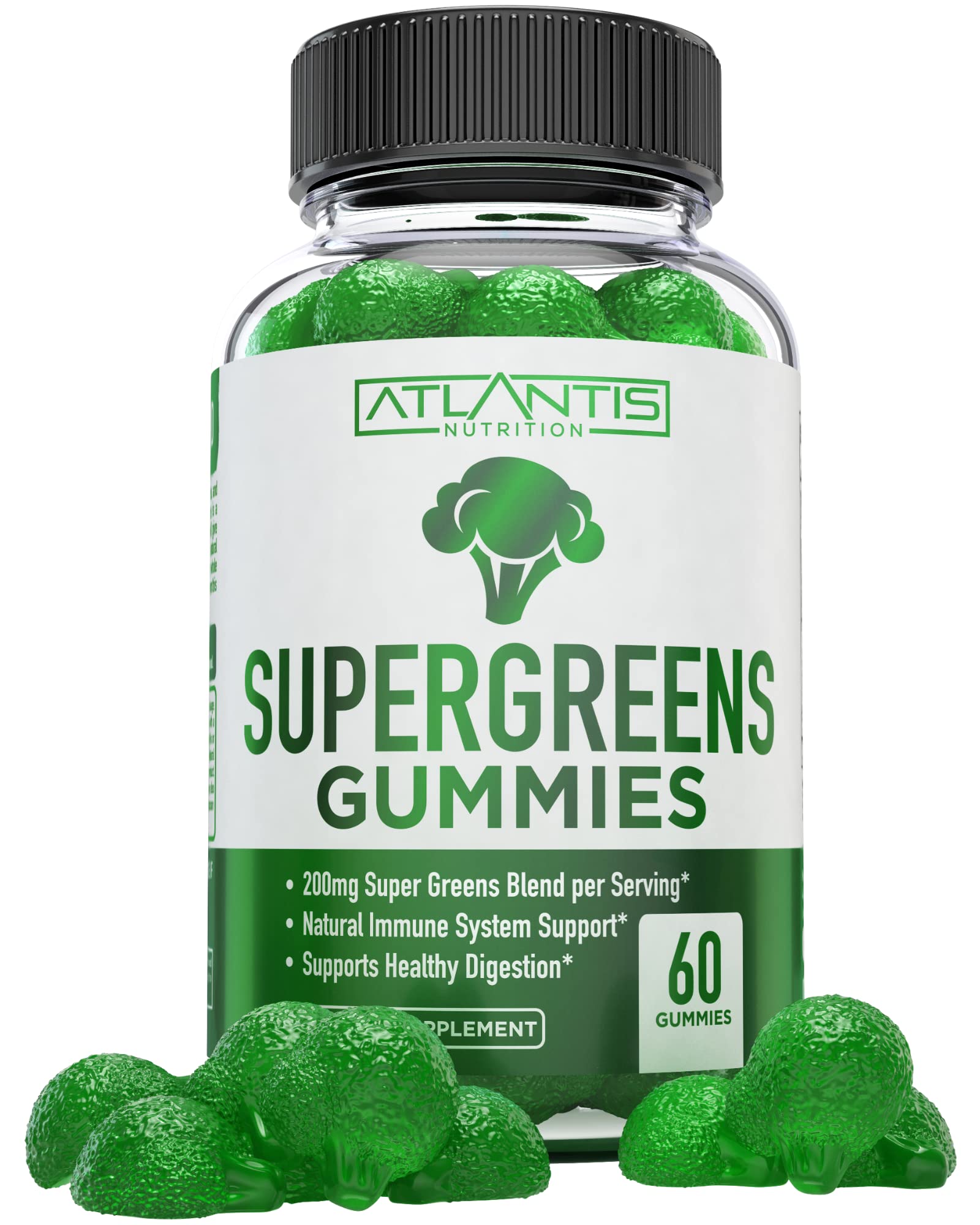Atlantis Nutrition Supergreens Gummies - Daily Green Superfoods Supplement with Spinach, Broccoli, Moringa, Beet Root, Celery, Green Tea, & Acai for Immunity Support - Natural Raspberry Flavor, 60 cnt - TrustMedUSA