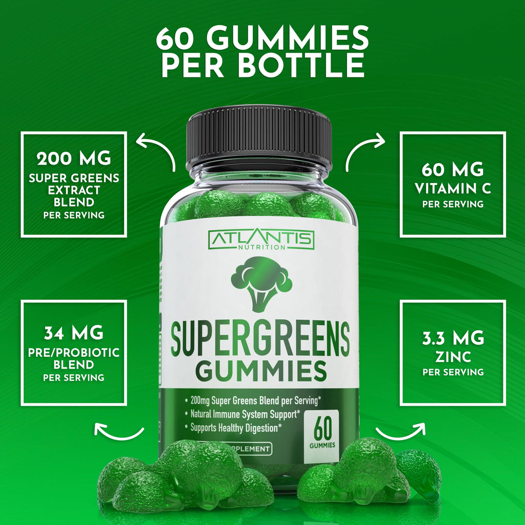 Atlantis Nutrition Supergreens Gummies - Daily Green Superfoods Supplement with Spinach, Broccoli, Moringa, Beet Root, Celery, Green Tea, & Acai for Immunity Support - Natural Raspberry Flavor, 60 cnt - TrustMedUSA