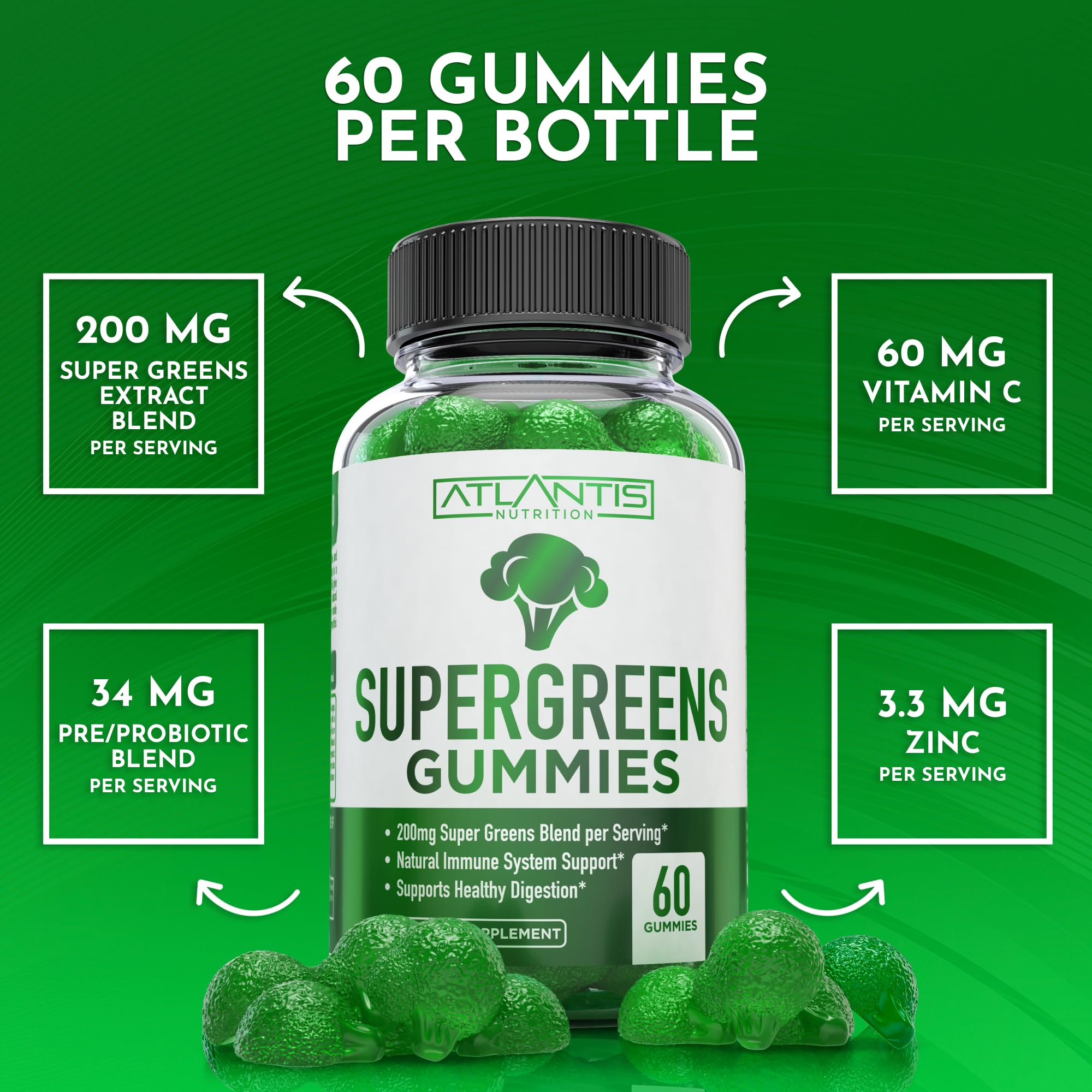 Atlantis Nutrition Supergreens Gummies - Daily Green Superfoods Supplement with Spinach, Broccoli, Moringa, Beet Root, Celery, Green Tea, & Acai for Immunity Support - Natural Raspberry Flavor, 60 cnt - TrustMedUSA