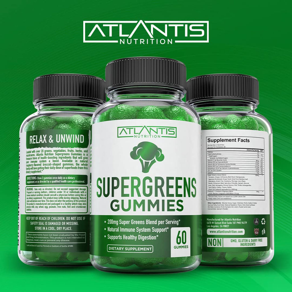 Atlantis Nutrition Supergreens Gummies - Daily Green Superfoods Supplement with Spinach, Broccoli, Moringa, Beet Root, Celery, Green Tea, & Acai for Immunity Support - Natural Raspberry Flavor, 60 cnt - TrustMedUSA