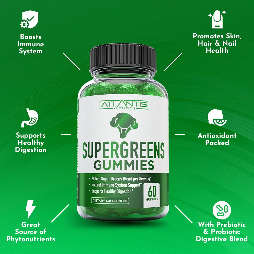 Atlantis Nutrition Supergreens Gummies - Daily Green Superfoods Supplement with Spinach, Broccoli, Moringa, Beet Root, Celery, Green Tea, & Acai for Immunity Support - Natural Raspberry Flavor, 60 cnt - TrustMedUSA