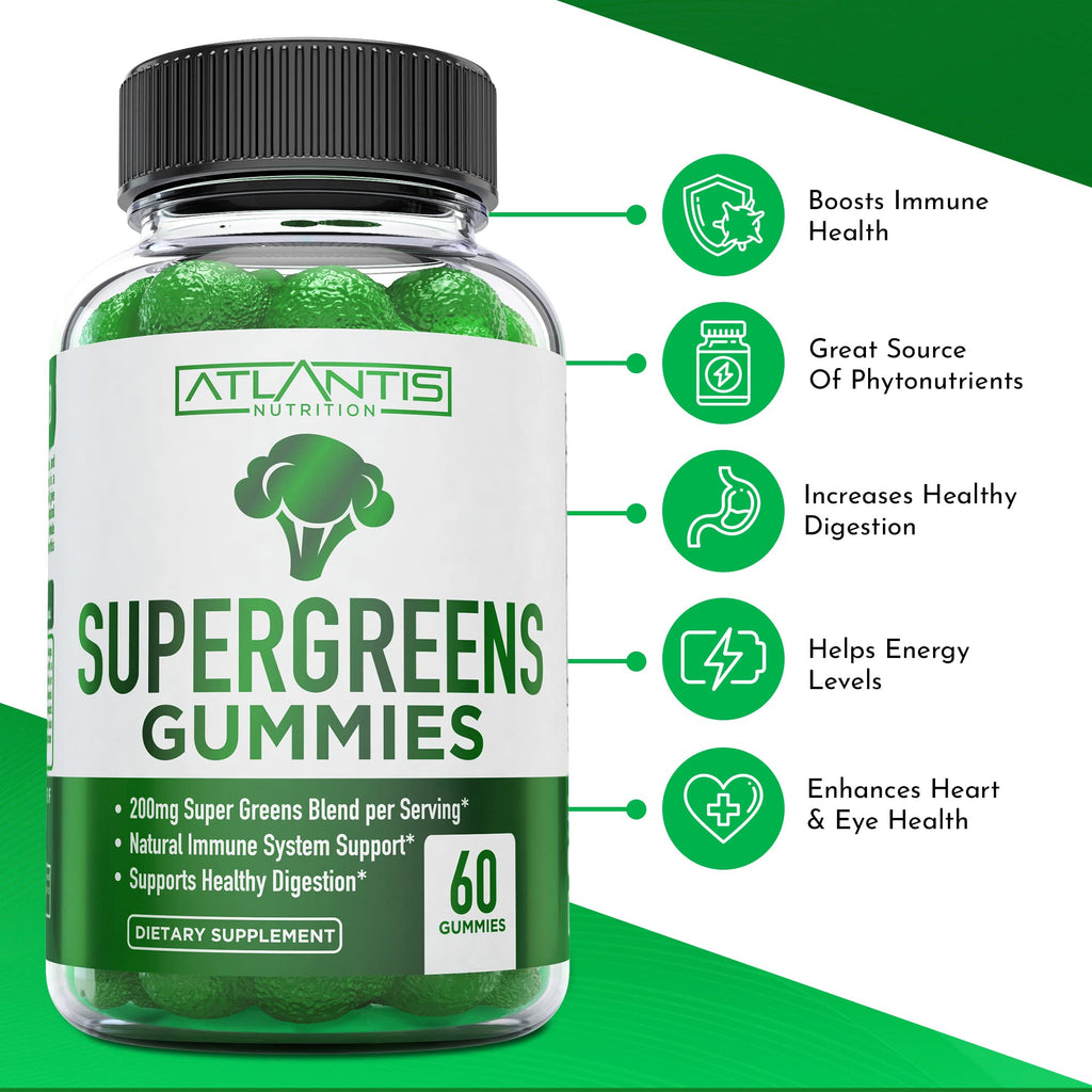 Atlantis Nutrition Supergreens Gummies - Daily Green Superfoods Supplement with Spinach, Broccoli, Moringa, Beet Root, Celery, Green Tea, & Acai for Immunity Support - Natural Raspberry Flavor, 60 cnt - TrustMedUSA