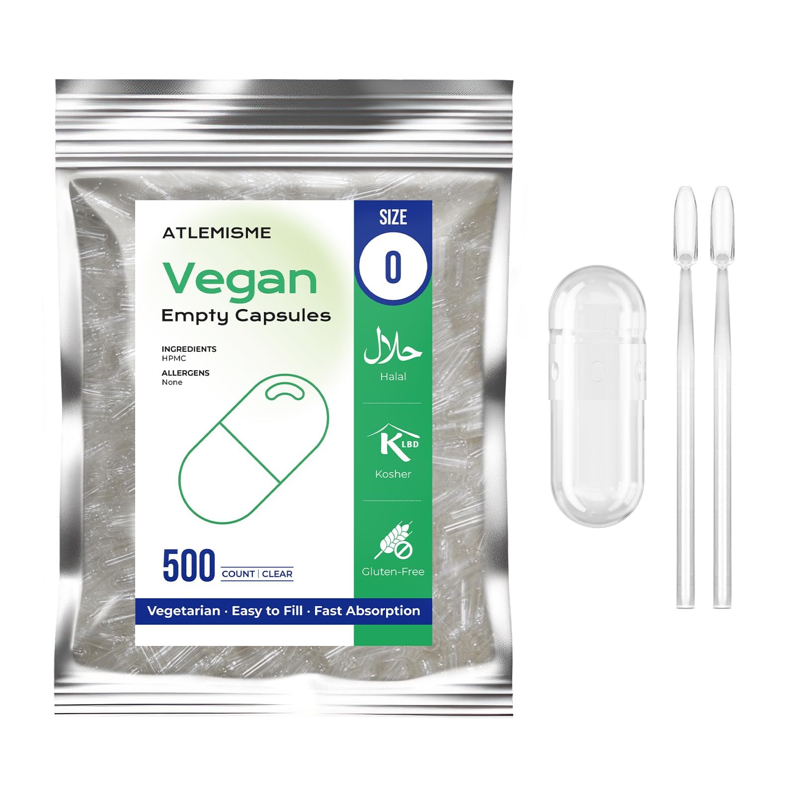 ATLEMISME Empty Vegan Capsules Size 0, 500-Count DIY Vegetable Capsules for Filling | Includes 2 Micro Lab Spoons - TrustMedUSA