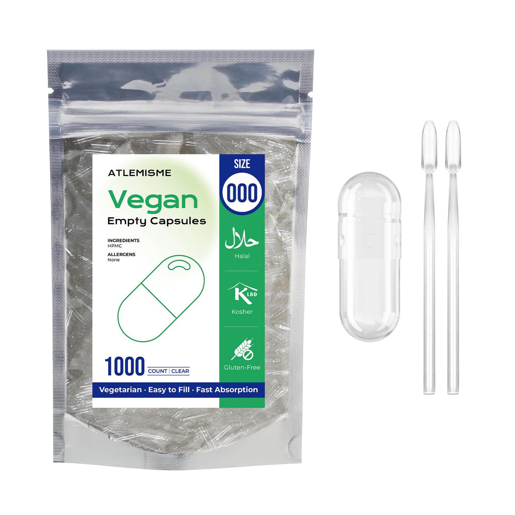 ATLEMISME Empty Vegan Capsules Size 000-1000 Count Vegetable Capsules for DIY Filling with 2 Micro Lab Spoons - TrustMedUSA