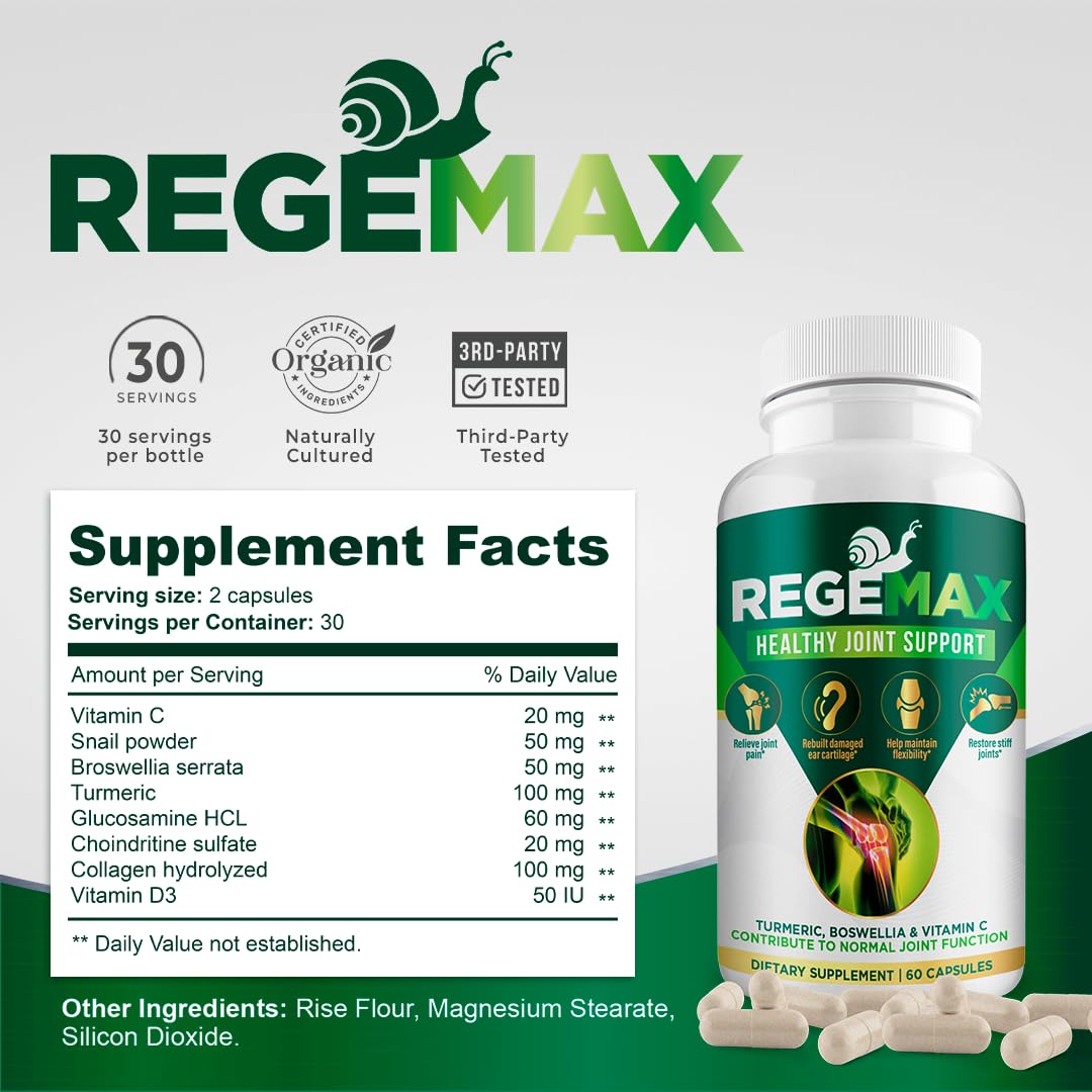 AURA VITAMINS REGEMAX regenerates and Helps Alleviate Joint discomfort Supplement, Snail Protein, Boswellia Serrata, and Turmeric – 60 Caps. (2) - TrustMedUSA