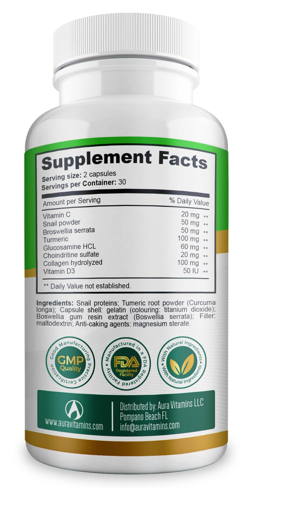 AURA VITAMINS REGEMAX regenerates and Helps Alleviate Joint discomfort Supplement, Snail Protein, Boswellia Serrata, and Turmeric – 60 Caps. (2) - TrustMedUSA
