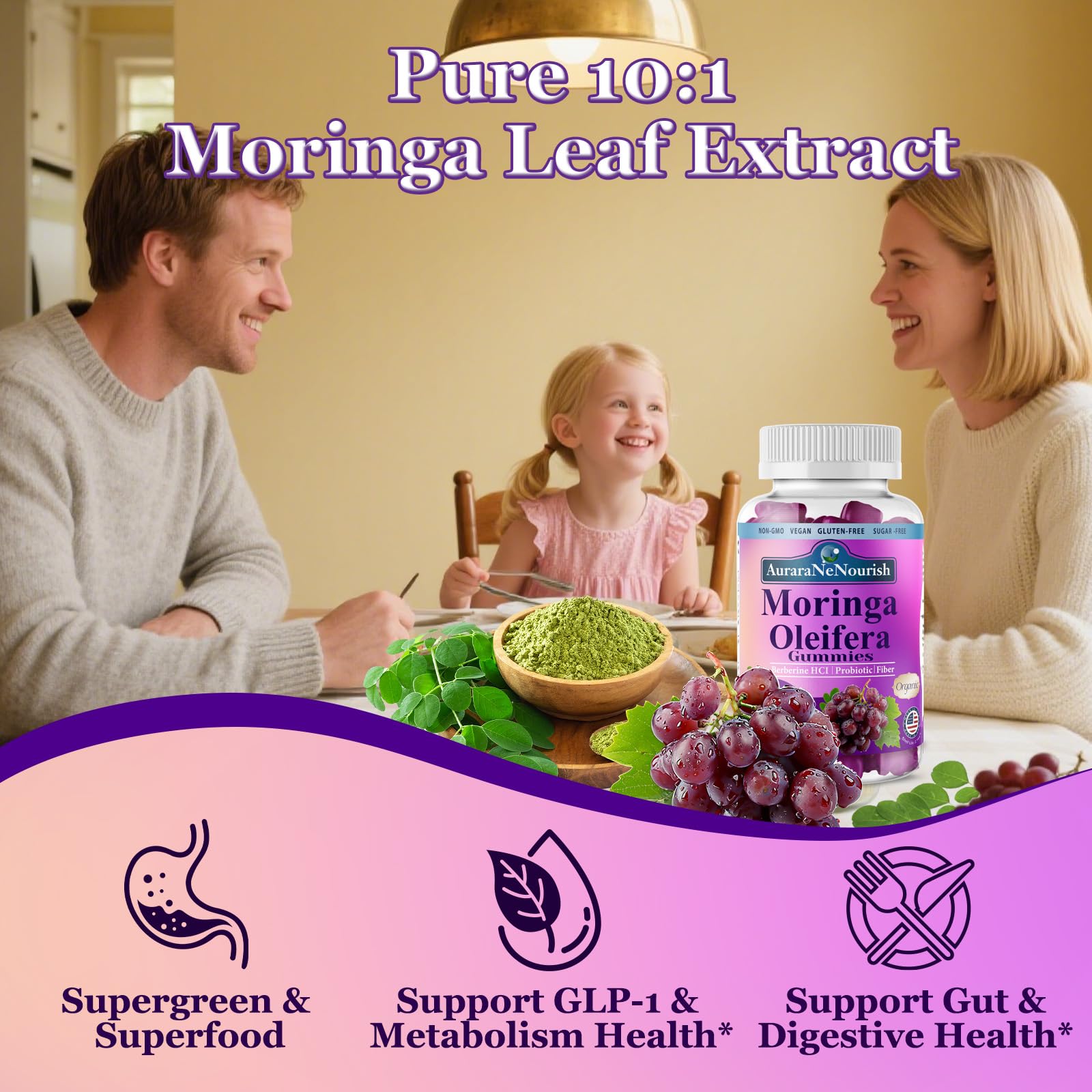 AuraraNeNourish Organic Moringa Oleifera Gummies for Women & Men, 8-in-1 Superfood Blend w. Berberine HCl & Moringa Leaf Extract for GLP-1 Support & Energy Immune Joint & Gut Health Sugar-Free - TrustMedUSA
