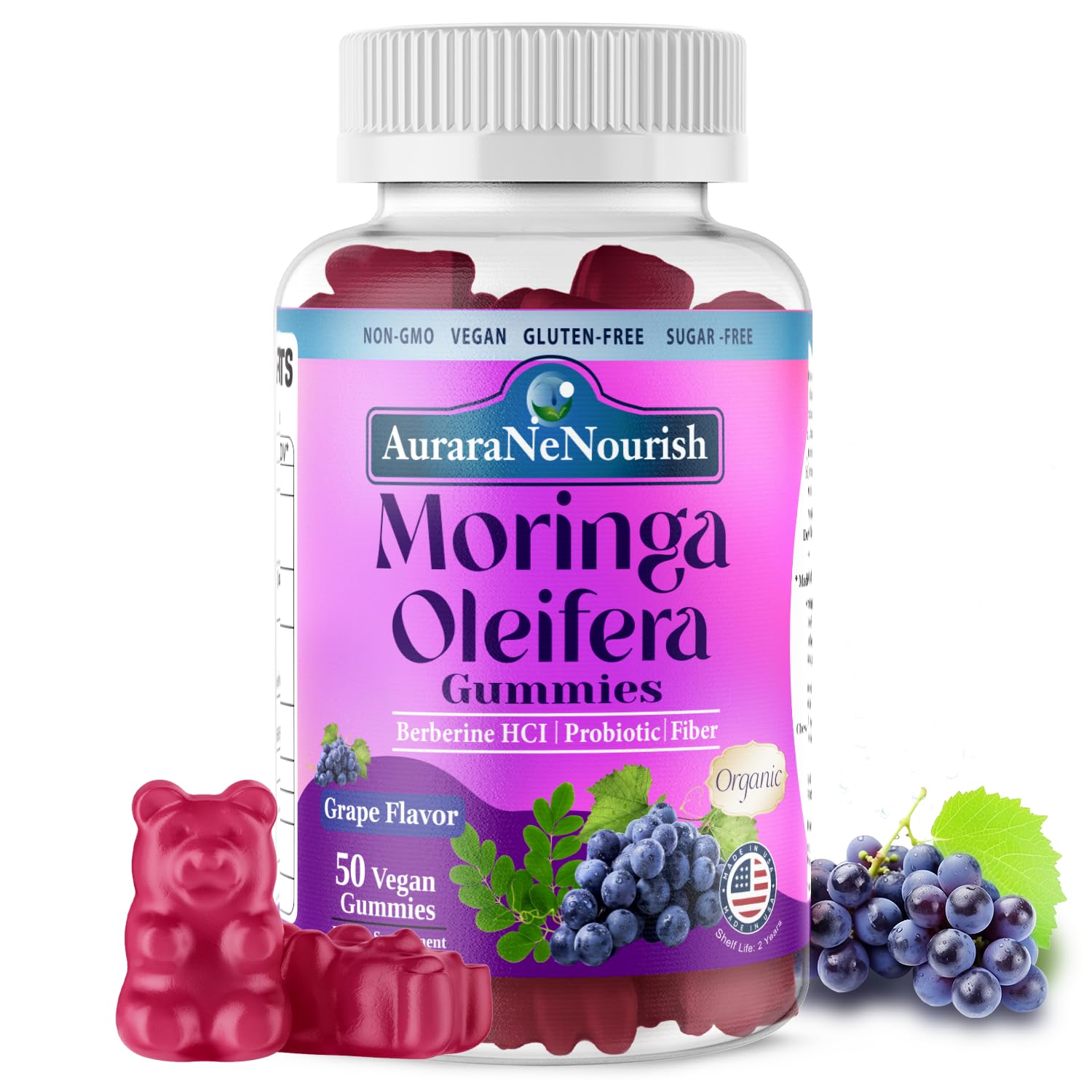 AuraraNeNourish Organic Moringa Oleifera Gummies for Women & Men, 8-in-1 Superfood Blend w. Berberine HCl & Moringa Leaf Extract for GLP-1 Support & Energy Immune Joint & Gut Health Sugar-Free - TrustMedUSA
