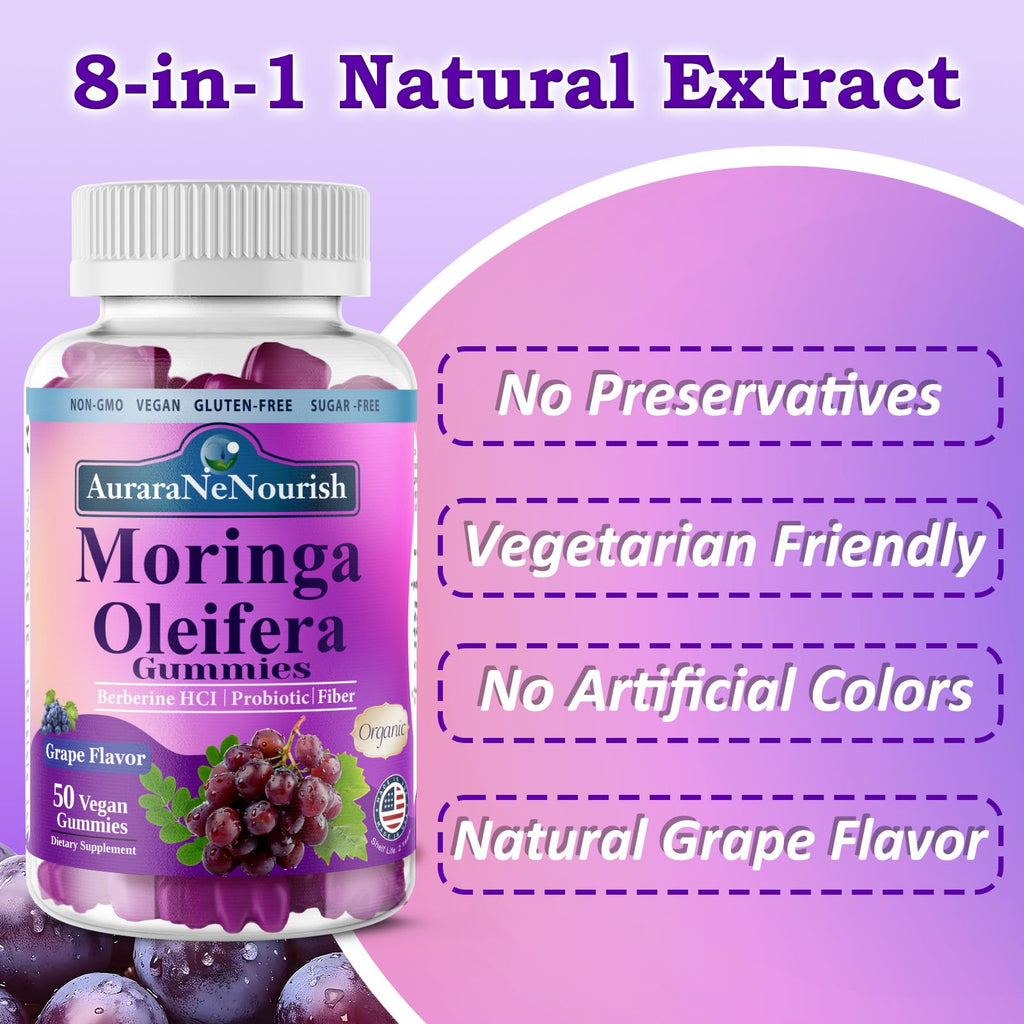 AuraraNeNourish Organic Moringa Oleifera Gummies for Women & Men, 8-in-1 Superfood Blend w. Berberine HCl & Moringa Leaf Extract for GLP-1 Support & Energy Immune Joint & Gut Health Sugar-Free - TrustMedUSA