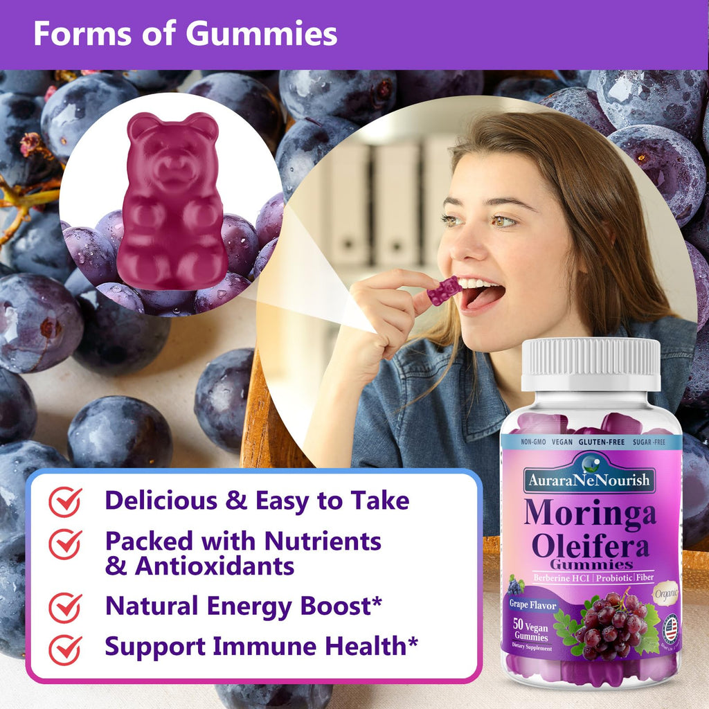 AuraraNeNourish Organic Moringa Oleifera Gummies for Women & Men, 8-in-1 Superfood Blend w. Berberine HCl & Moringa Leaf Extract for GLP-1 Support & Energy Immune Joint & Gut Health Sugar-Free - TrustMedUSA