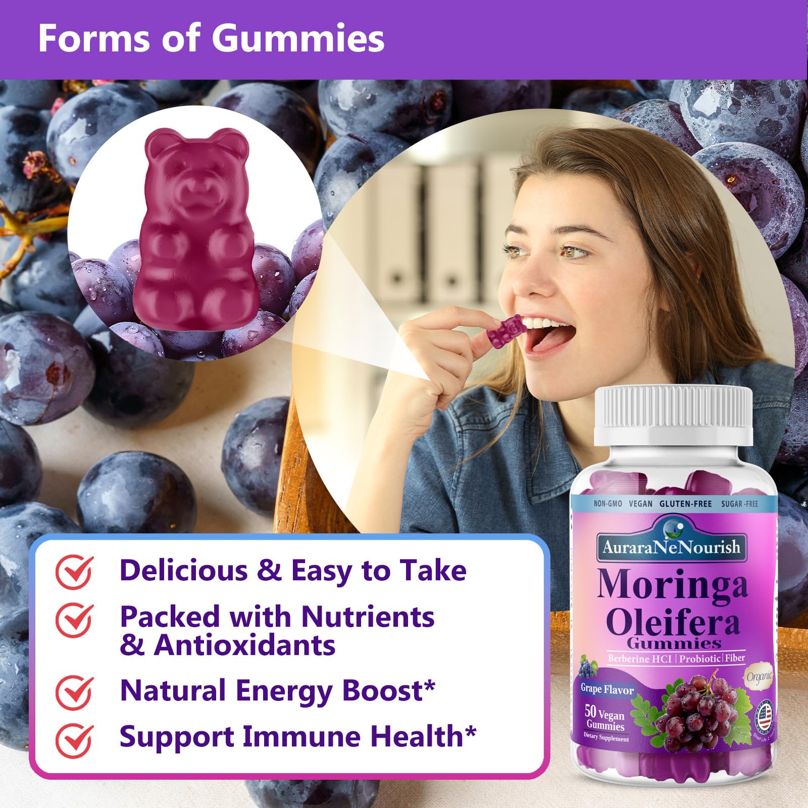 AuraraNeNourish Organic Moringa Oleifera Gummies for Women & Men, 8-in-1 Superfood Blend w. Berberine HCl & Moringa Leaf Extract for GLP-1 Support & Energy Immune Joint & Gut Health Sugar-Free - TrustMedUSA