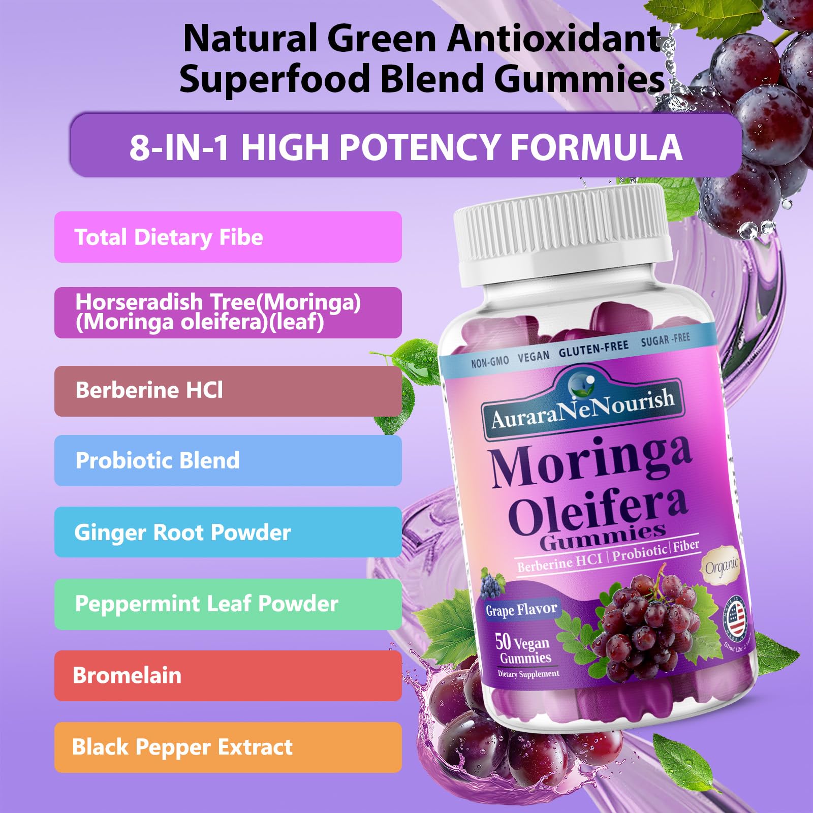 AuraraNeNourish Organic Moringa Oleifera Gummies for Women & Men, 8-in-1 Superfood Blend w. Berberine HCl & Moringa Leaf Extract for GLP-1 Support & Energy Immune Joint & Gut Health Sugar-Free - TrustMedUSA